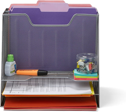 Mind Reader Metal Mesh Desktop File Organizer, 3-Tier Paper Tray with 5 Compartments, Office Mail Sorter, White
