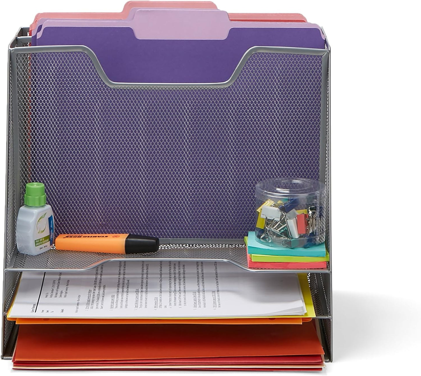 Mind Reader Metal Mesh Desktop File Organizer, 3-Tier Paper Tray with 5 Compartments, Office Mail Sorter, White