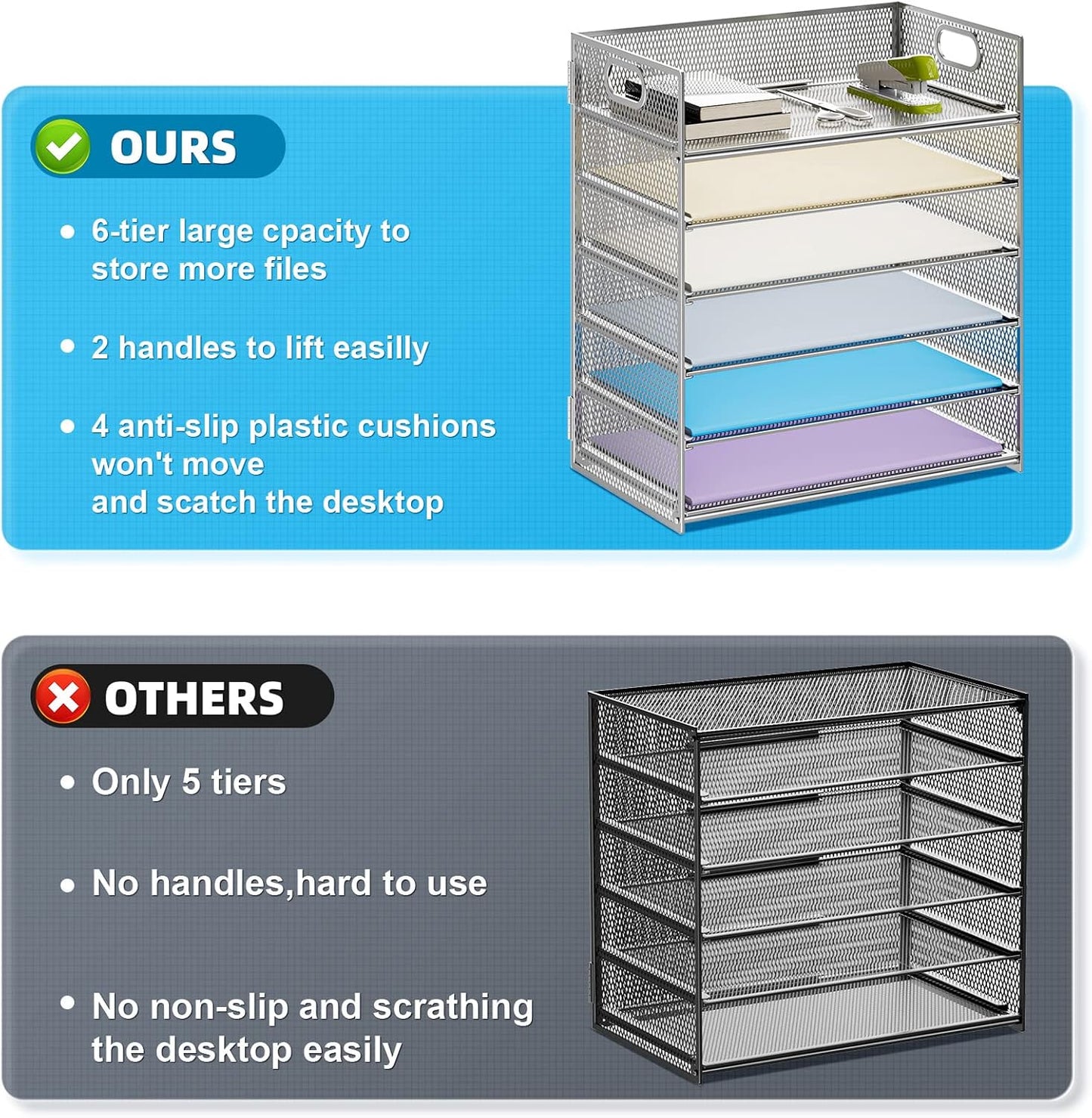 Marbrasse 6 Tier Paper Organizer Letter Tray - Mesh Desk File Organizer with Handle, Paper Sorter Organizer for Letter/A4 Office File Folder Holder - Black