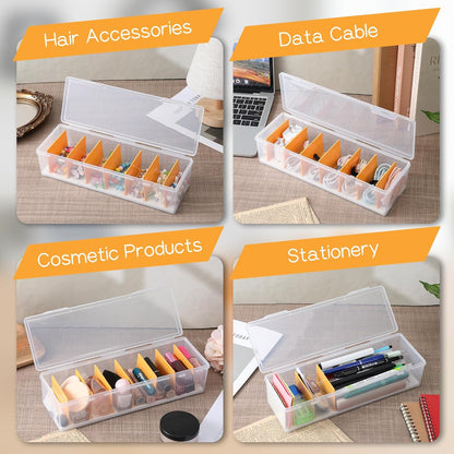 COMNICO 2 Pcs Cable Organizer Box with Lid, Clear Plastic Cord Storage Desk Organizers Desktop Cable Management Multifunctional Accessories for Home Drawer Office