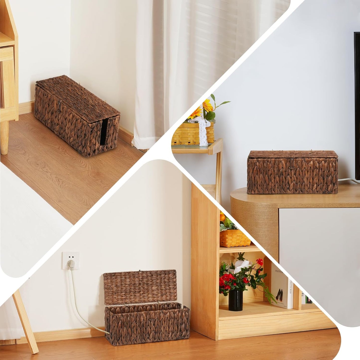 efluky 2 Pack Plastic Cable Management Boxes, Hand-Woven Cord Organizer Box with Lid, 2 Open Slots Cable Organizer Basket to Hide Power Strip and Charger for Home & Office and Dorm,Natural