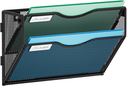 Marbrasse Wall File Holder 2-Tier Hanging Wall File Organizer, Mesh Mail Holder for Papers, Wall Mount File Clipboard & Magazine Organizer Great for Office Home (Black)