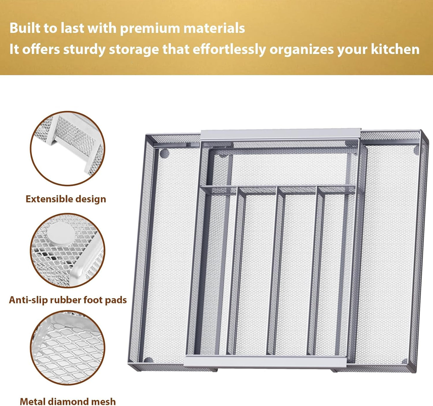 Sedegn Silverware Organizer Metal Mesh, Small Drawer Organizer, Utensil Cutlery Tray for kitchen drawers, Flatware Organizer with 5 Compartment, Black(9.3"*12.6")