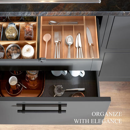 Small Silverware Organizer, Bamboo Kitchen Drawer Organizer, Utensil Holder, Cutlery Tray & Spoon Flatware Storage with Grooved Drawer Dividers (6.7''W x 12''D)