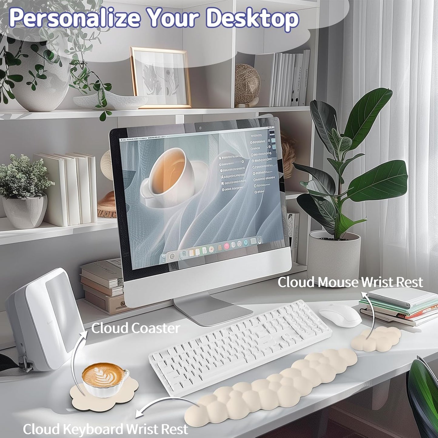 Sushret Cloud Wrist Rest for Keyboard and Mouse, Memory Foam PU Leather Keyboard Wrist Rest with Ergonomic Support, Non-Slip Base, Cute Arm Rest Pad & Palm Cushion, Office Desk Accessory, White