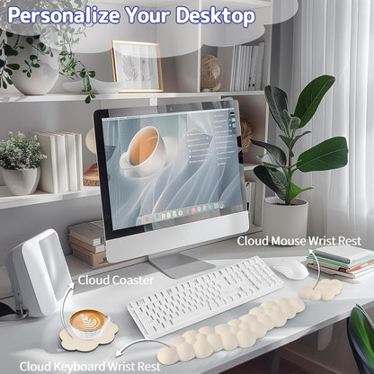Sushret Cloud Wrist Rest for Keyboard and Mouse, Memory Foam PU Leather Keyboard Wrist Rest with Ergonomic Support, Non-Slip Base, Cute Arm Rest Pad & Palm Cushion, Office Desk Accessory, White