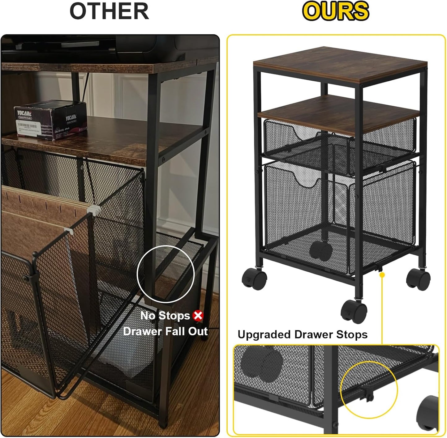 BOHDK Rolling File Cart with 2 Storage Drawers, Wood & Mesh Hanging File Folder Organizer with Wheels Under Desk, File Cabinets for Home Office, 14.7" L x 11.8" D x 25.3" H