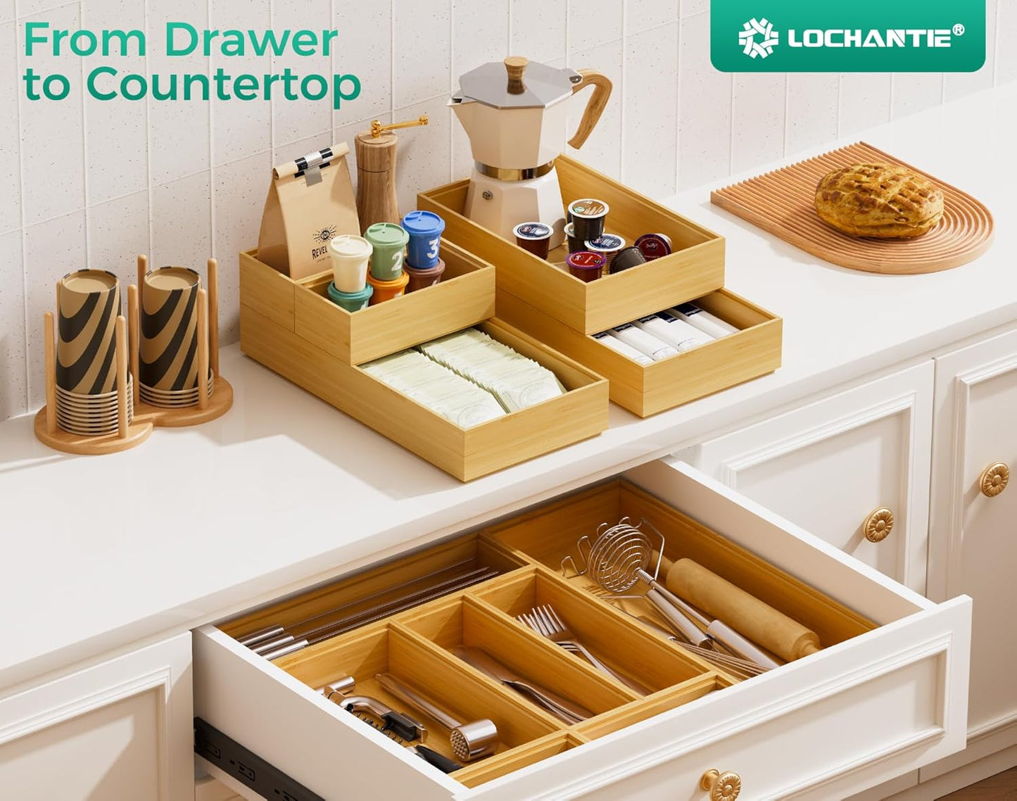 Bamboo Kitchen Drawer Organizer Set of 2, Stackable 15" x 6" Wood Silverware Utensil Tray for Drawers Bins, Cutlery & Flatware Storage – Wooden Boxes Organizers for Junk Drawer, Bathroom, RV