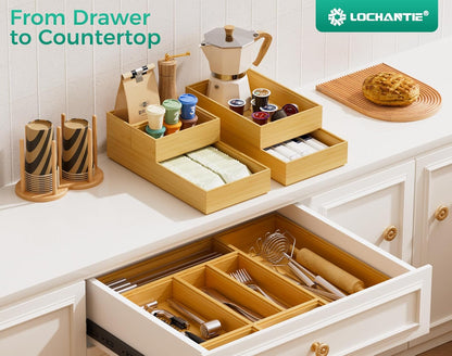 Bamboo Kitchen Drawer Organizer Set of 2, Stackable 15" x 6" Wood Silverware Utensil Tray for Drawers Bins, Cutlery & Flatware Storage – Wooden Boxes Organizers for Junk Drawer, Bathroom, RV