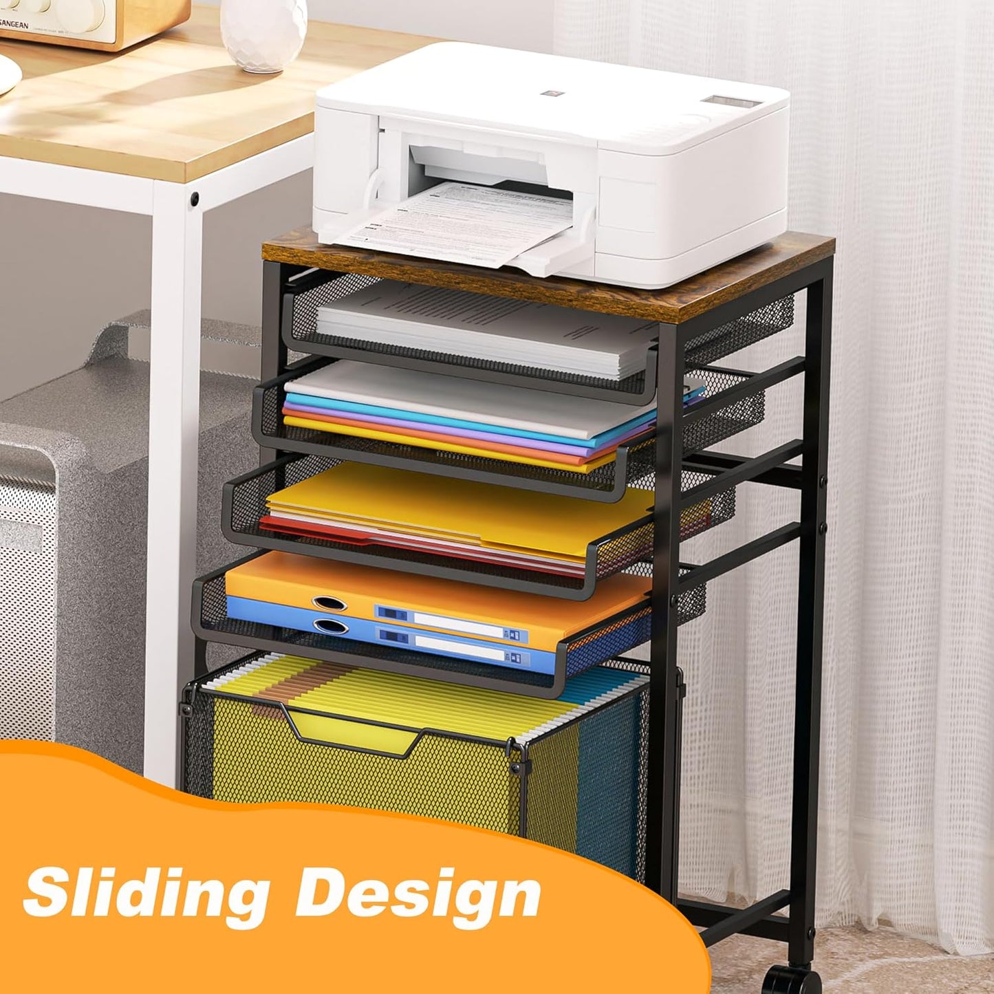 5-Tier Rolling File Cart Under Desk with Drawers, File Cabinet Organizer for Hanging File Folders, Letter-Size File Storage with Wheels, Multi-Layer Mobile Filing Cabinet for Under Desk Storage