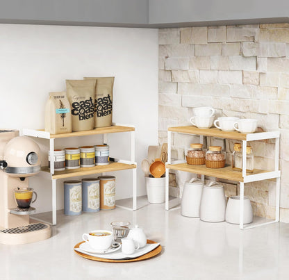Goozii Kitchen Cabinet Organizer Shelf Set of 4, Large Stackable Pantry Cupboard Countertop Storage and Organizer, Desk Shelf Riser, Spice Plate Cup Expandable Storage Rack (Bamboo White)