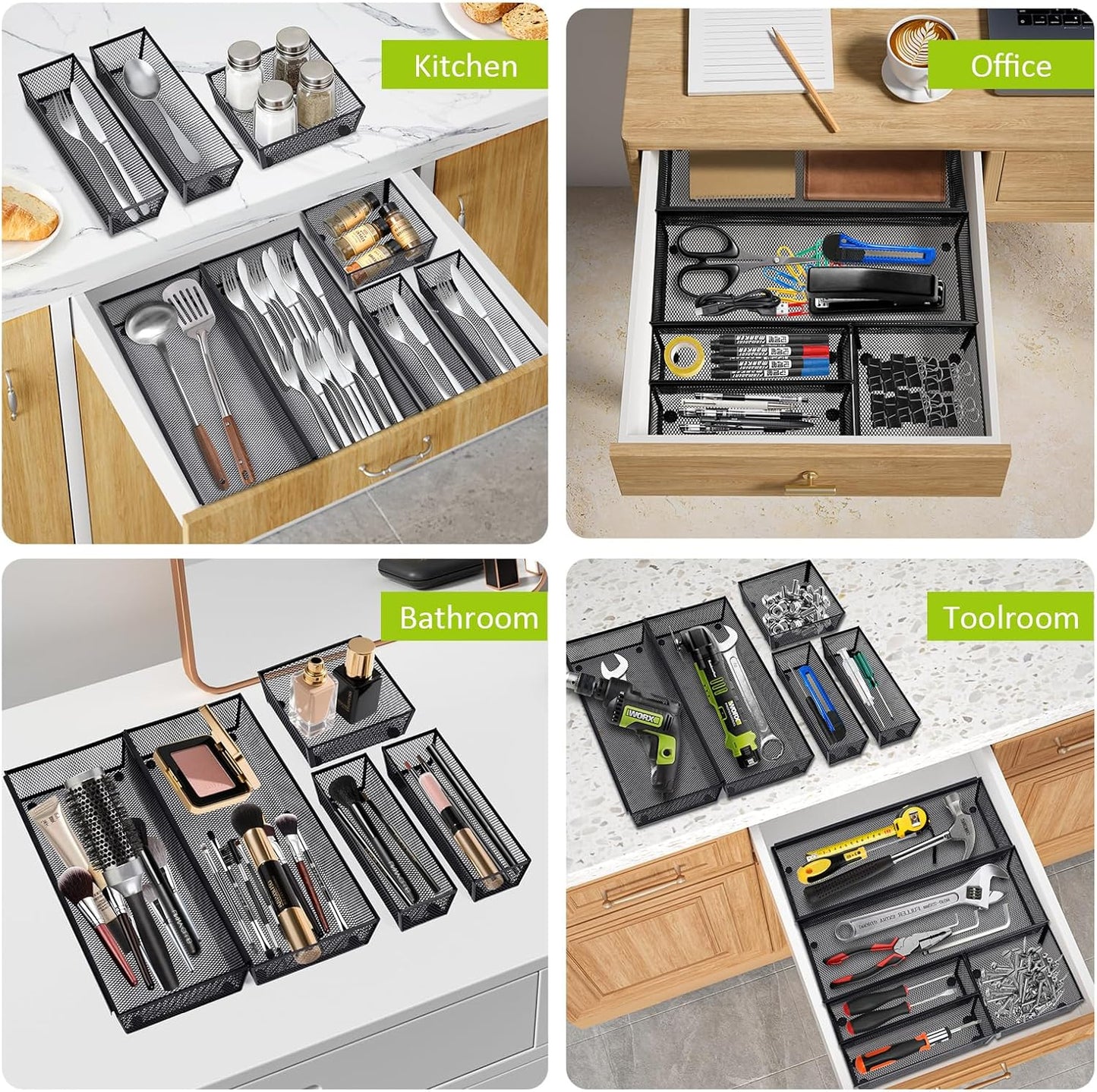 Neudeco Drawer Organizer Set 6 Pack - 5-Compartment Silverware Organizer Tray + 5 Utensil Trays, Kitchen Drawer Organizer for Flatware, Cutlery, Office Supplies, Black Mesh, Non-Slip.