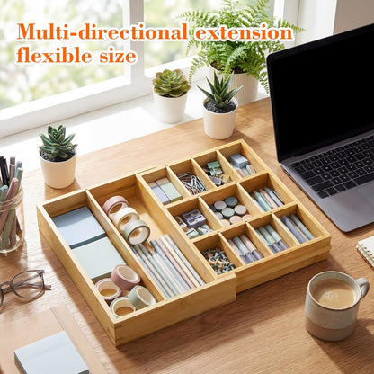 Bamboo Sliding Desk Drawer Organizer 8.2'' up to 16.4'' x 14.4'' x 2.2'' Expandable Office Desk Accessories Supplies Tray with 7 Compartments for Pens, Notebooks, Rulers, and Makeup Jewelry Vanity