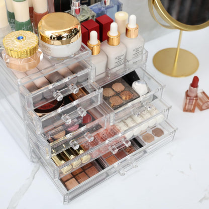 Cq acrylic Make Up Organizers for Vanity With 14 Drawers, 4 Pack Clear Drawer Organizers,Plastic Cute Desk Accessories Organization and Bathroom Organizers Storage Case Box Cube for Beauty,Skin Care