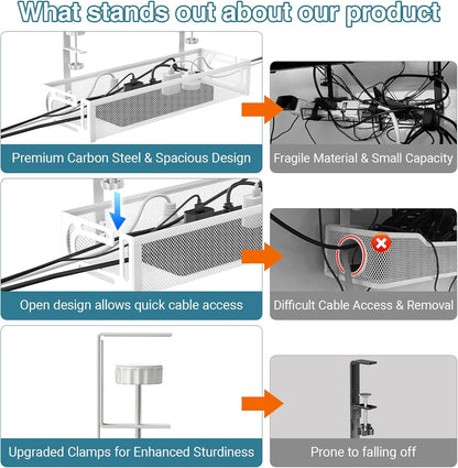 No Drill Under Desk Cable Management Tray, SONATURE 15.7" Cord Organizer for Table, Clamp Mount Desk Cable Management, Premium Carbon Steel Cable Organizer for Office, Home (Black)