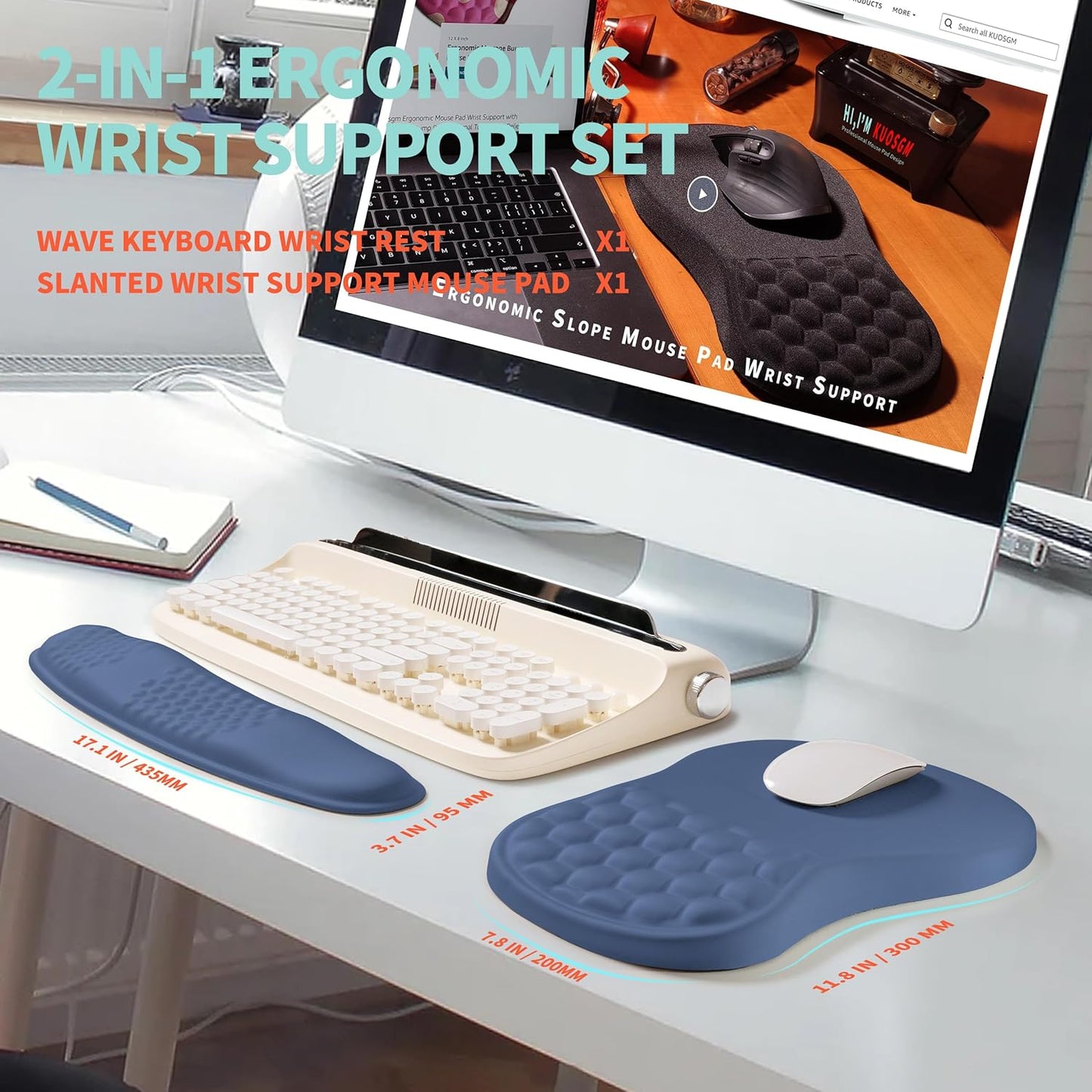 2-in-1 Ergonomic Set, Wave Rise Keyboard Wrist Rest and Massage Bulge Slope Mouse Pad Wrist Support, Cushion Memory Foam Integrated to Relieve Wrist Pain, Black