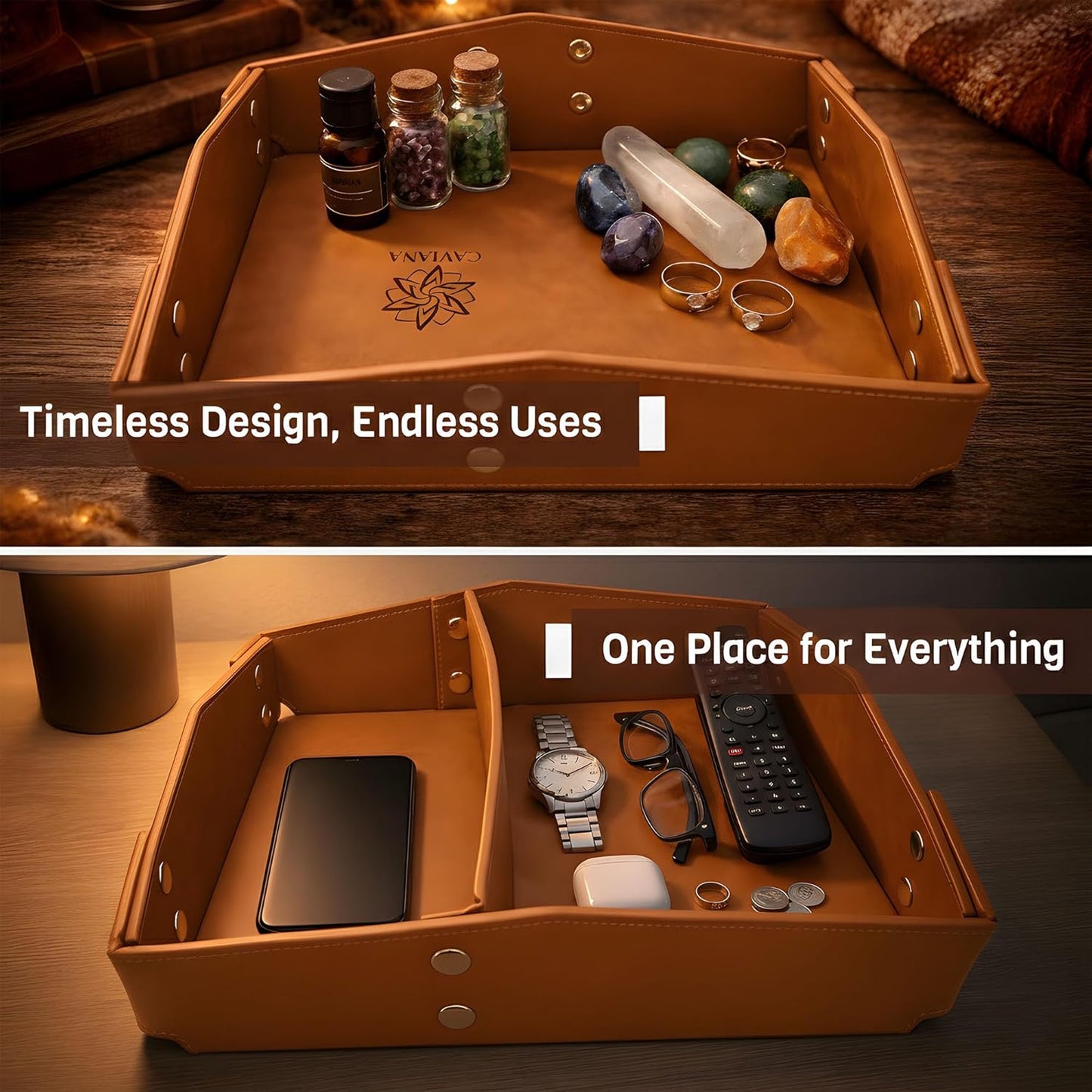 Valet Tray Organizer for Men & Women - PU Leather Catch All Tray with Removable Divider - EDC Storage for Keys, Watch, Phone - Nightstand, Dresser & Desk Organizer - Pacific Navy