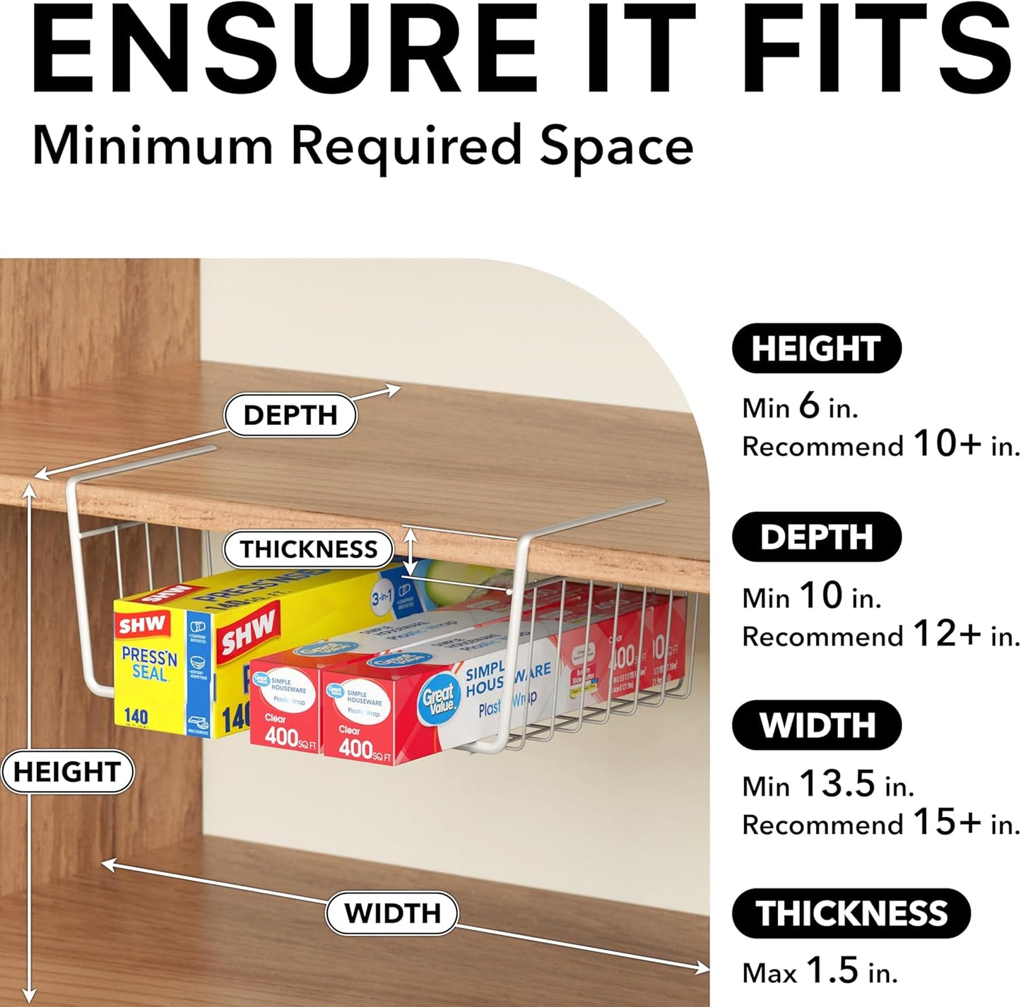 Simple Houseware Under Shelf Basket, White – 2-Pack Space-Saving Storage Organizer for Kitchen, Pantry, Closet, Office – Wire Metal Shelf Organizer, No Tools Required