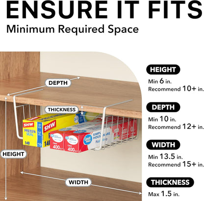 Simple Houseware Under Shelf Basket, White – 2-Pack Space-Saving Storage Organizer for Kitchen, Pantry, Closet, Office – Wire Metal Shelf Organizer, No Tools Required