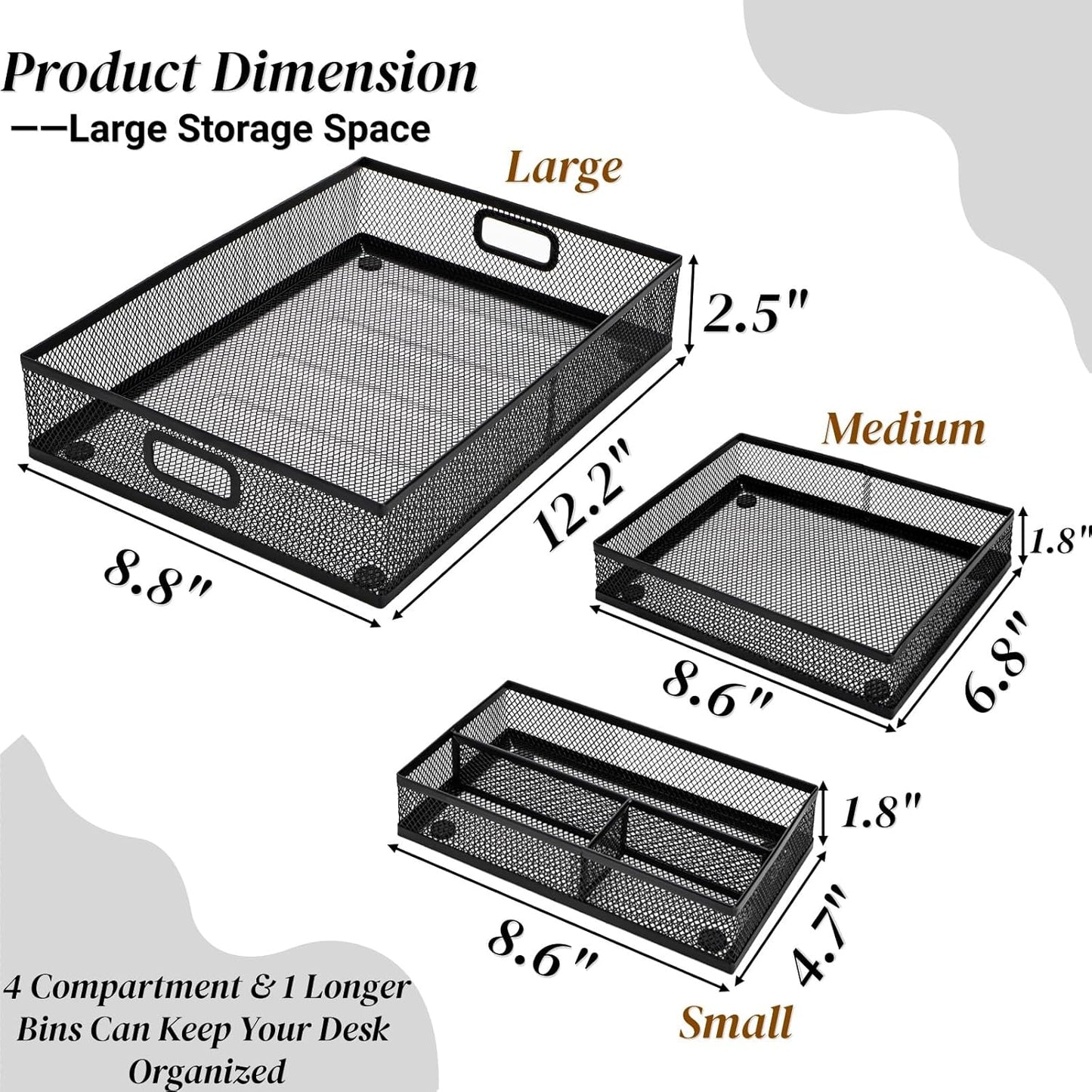 Noamus 3 Pack Office Drawer Organizer, Desk Drawer Divider Tray, Metal Mesh Desktop Basket, 6 Compartments Pen Storage Box for Makeup, Stationery, Office Supplies & Accessories, Kitchen(Black,3 Size)