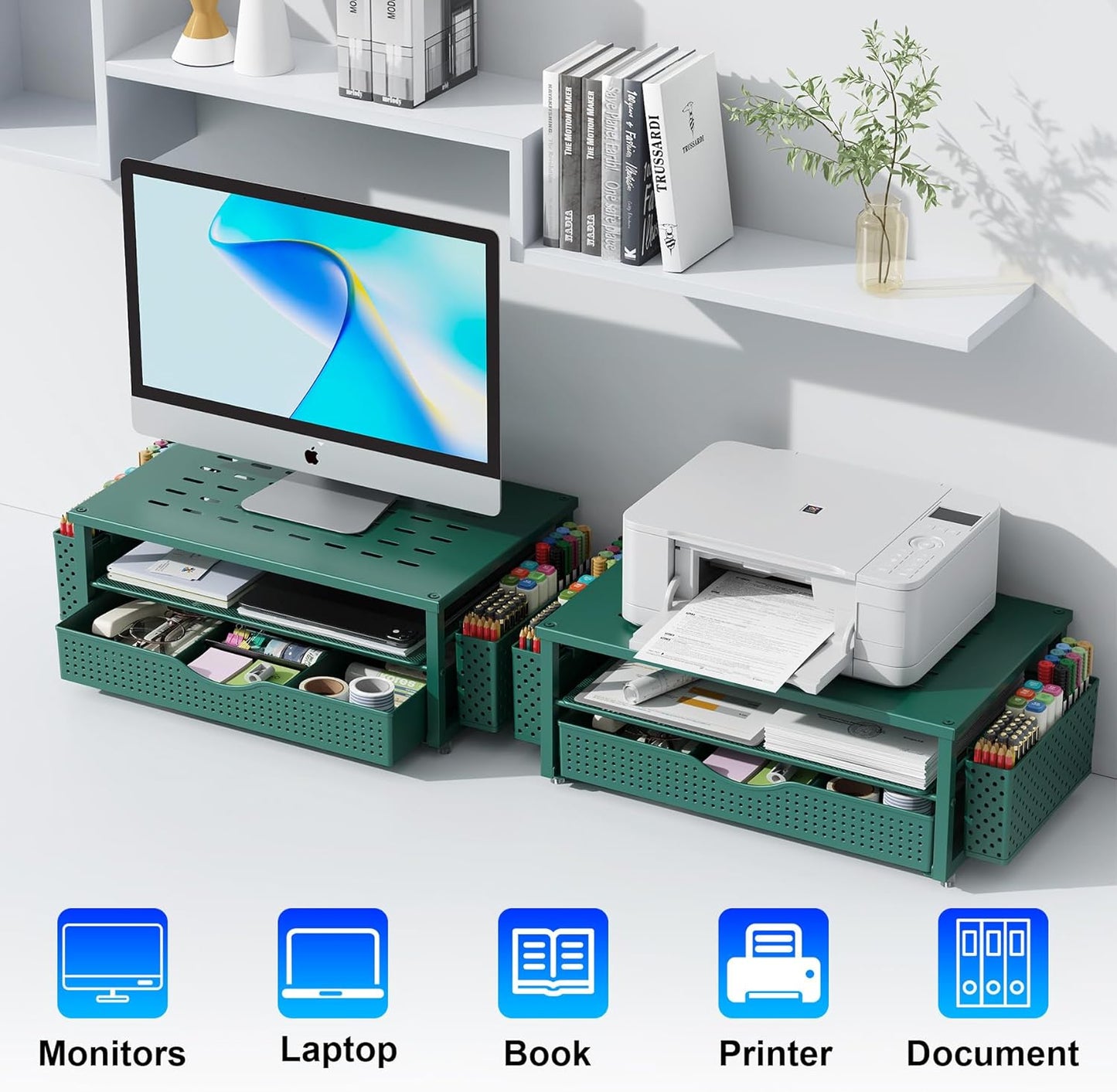 gianotter Wood Monitor Stand Riser, Office Desk Shelf Organizer, Desk Organizer with Drawer and Pen Holder, 2-Tier Computer Stand, Office Organization (Ink)