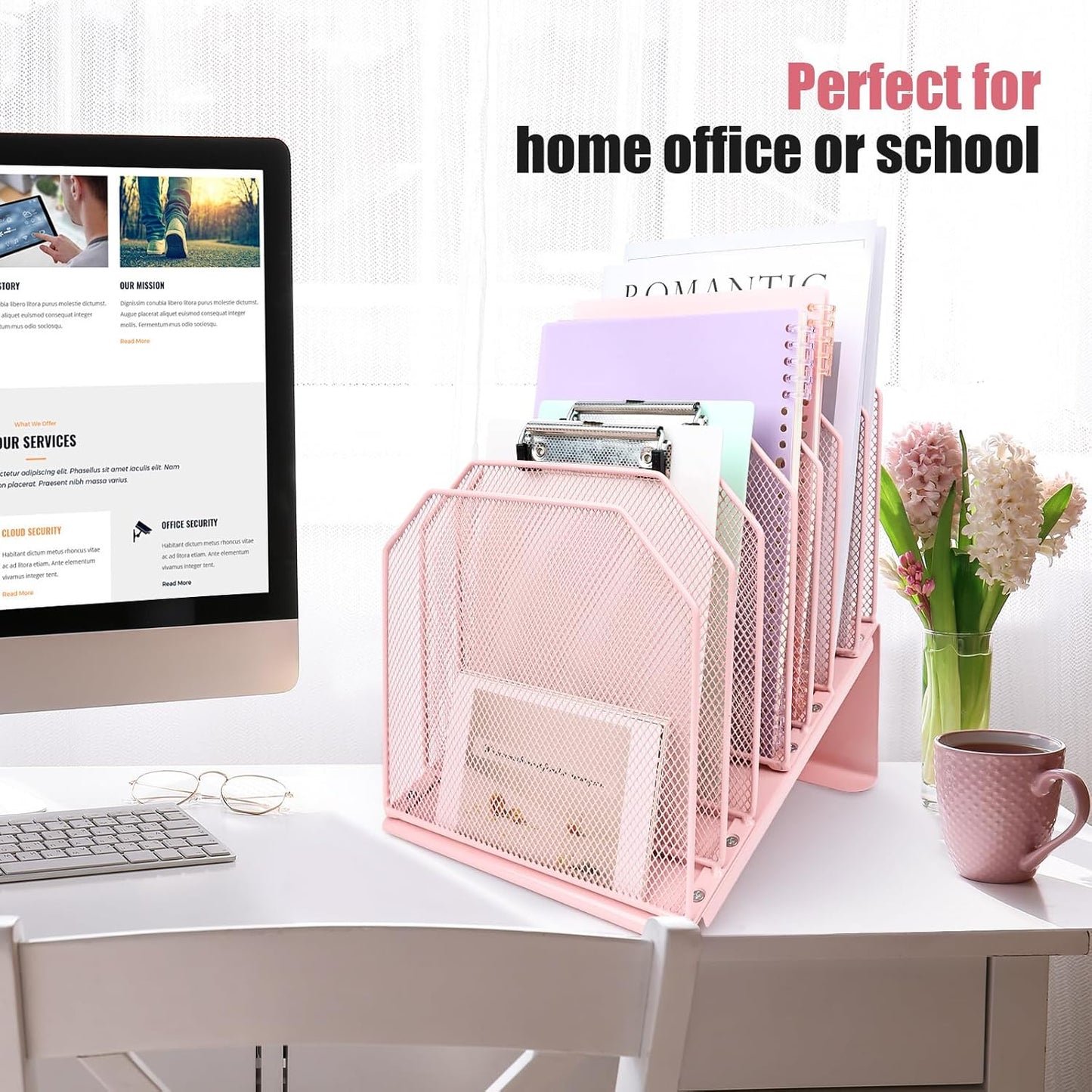 SUMMORO Inclined File Organizer for Desk, 7-Section Vertical File Folder Holder Office Desk Organizer Metal Rack File Wire Mesh Desktop Document Sorter for Office School Classroom Home (Black)