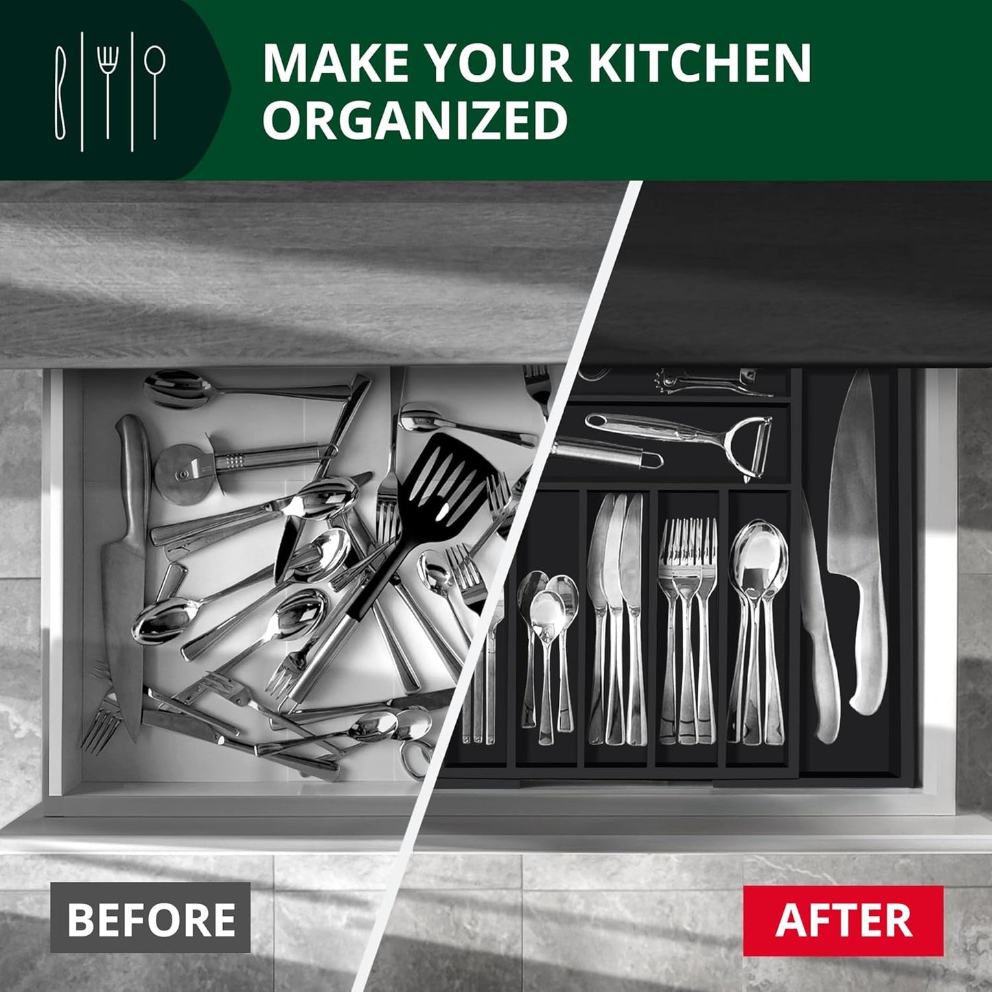 ROYAL CRAFT WOOD Luxury Bamboo Kitchen Drawer Organizer - Silverware Organizer, Utensil Holder & Cutlery Tray Drawer Dividers for Flatware (9 Slot, Natural)