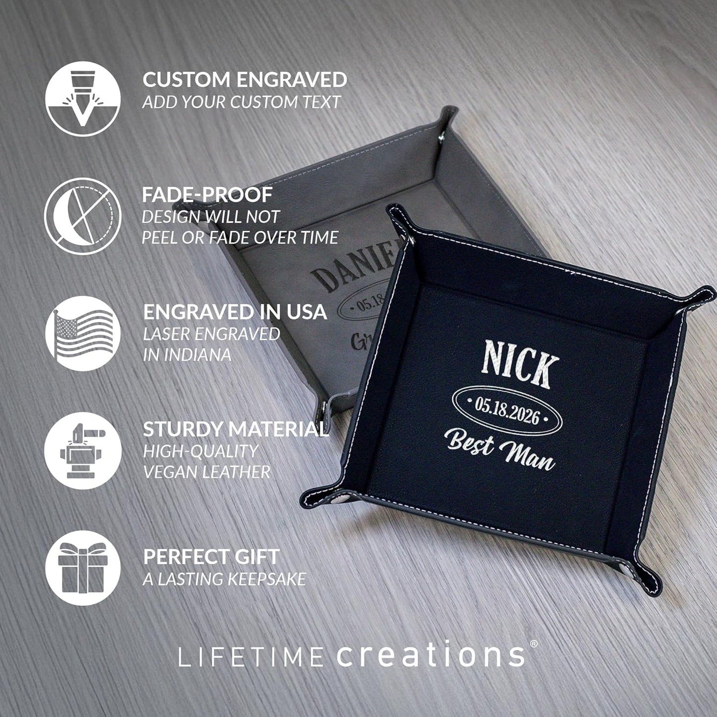 Lifetime Creations Monogrammed Valet Tray for Men (Brown) - Personalized Vegan Leather Catch All, Nightstand Desktop Desk Organizer for Coins, Keys, Watch