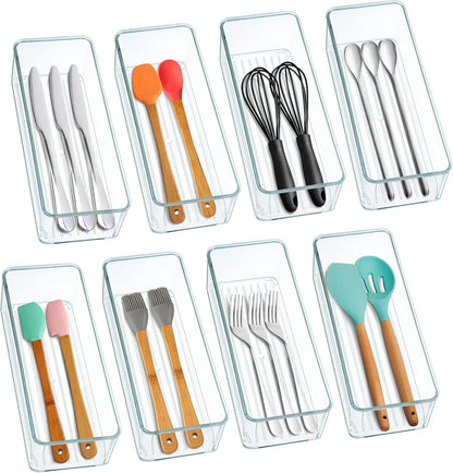 Hudgan 8 Pack Clear Plastic Drawer Organizer Bins Set, Stackable Cutlery Storage Bins Trays for Organizing Kitchen, Bathroom, Office, Crafts, Gadgets, Cabinet Supplies