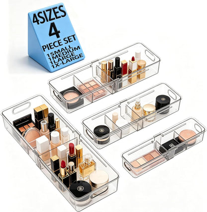 BLULEE Adjustable Clear Drawer Organizers, Expandable Bathroom Drawer Organizer Bins with Dividers, Versatile Makeup Organizer for Drawer, Plastic Desk Drawer Organizer (4 Pcs)