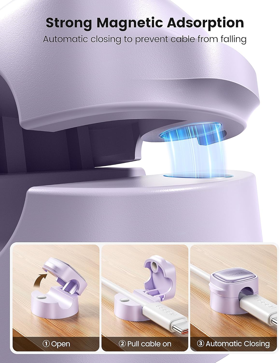 6 Pack Magnetic Cable Clips – Cord Organizer & Holder, Toocki Adhesive Cable Management, Wire Holder for USB Charging Cables, Ideal for Home, Office, Car, Desk, and Nightstand-Purple