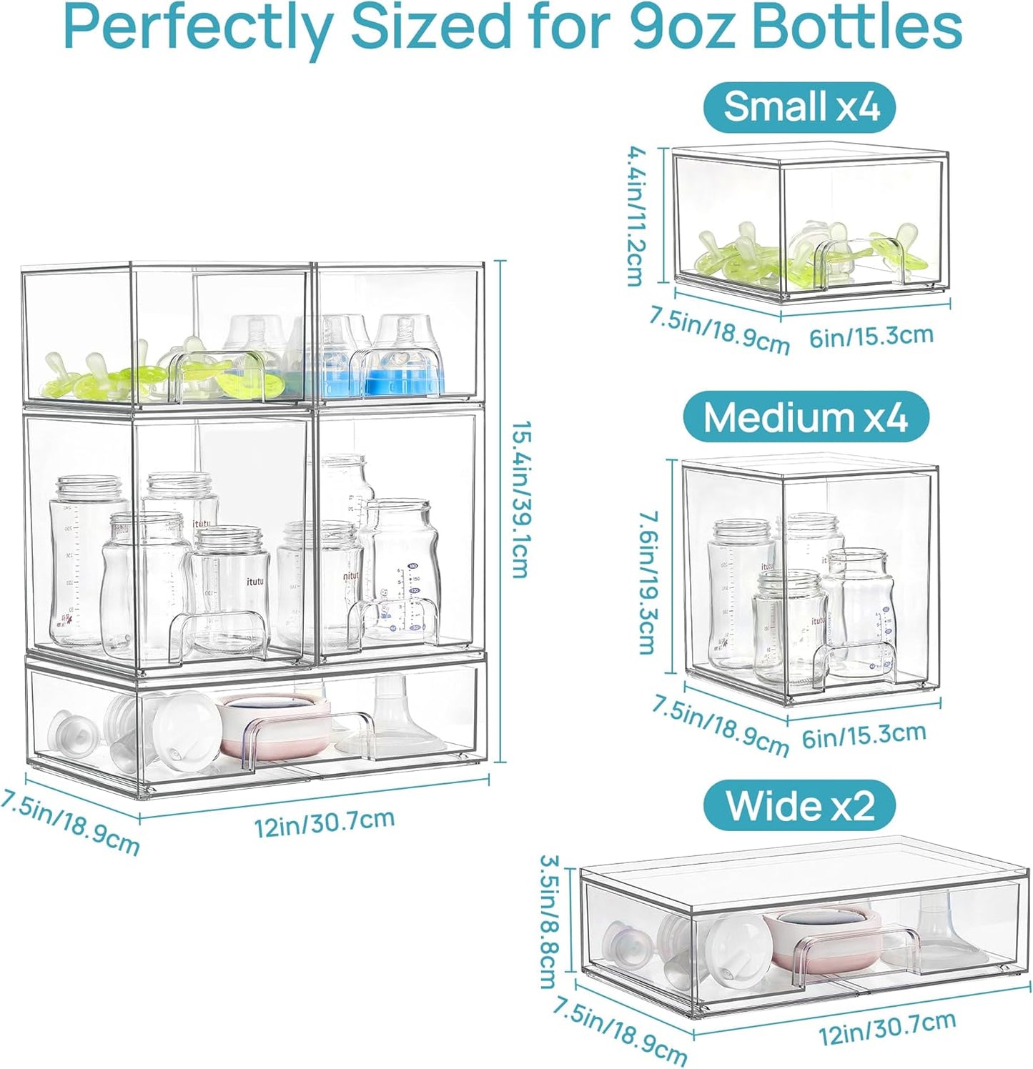 Vtopmart Stackable Storage Drawers Set of 4, Clear Plastic Organizer Bins for Bathroom Supplies,Ideal for Cabinet,Pantry,Laundry Room Organization
