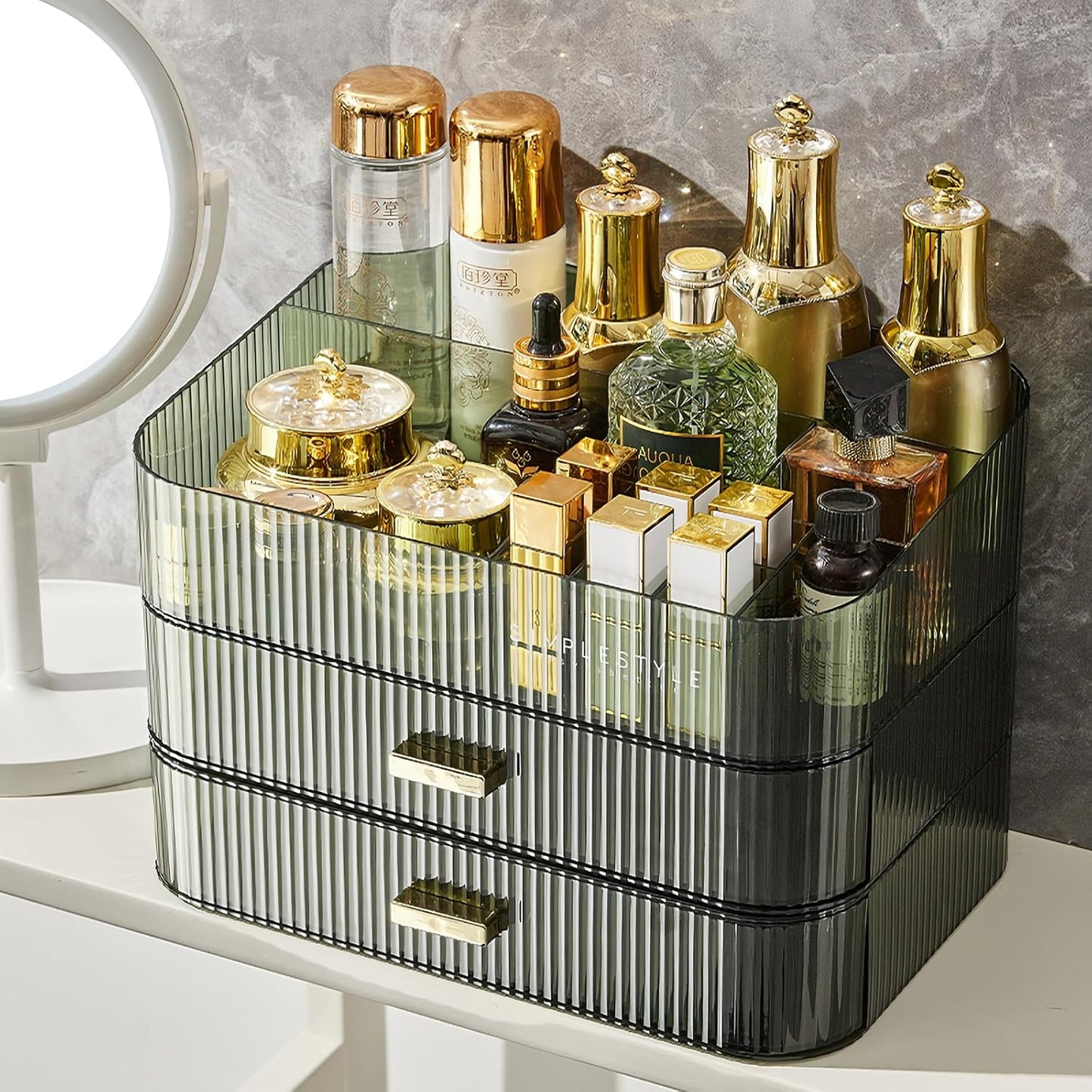 Stackable Cosmetics Organizer Drawers, Bathroom Vanity Makeup Organizers and Storage, Ideal for Desk and Dresser Countertops, Great for Palette, Skincare, Lipsticks, Nail Care. Green