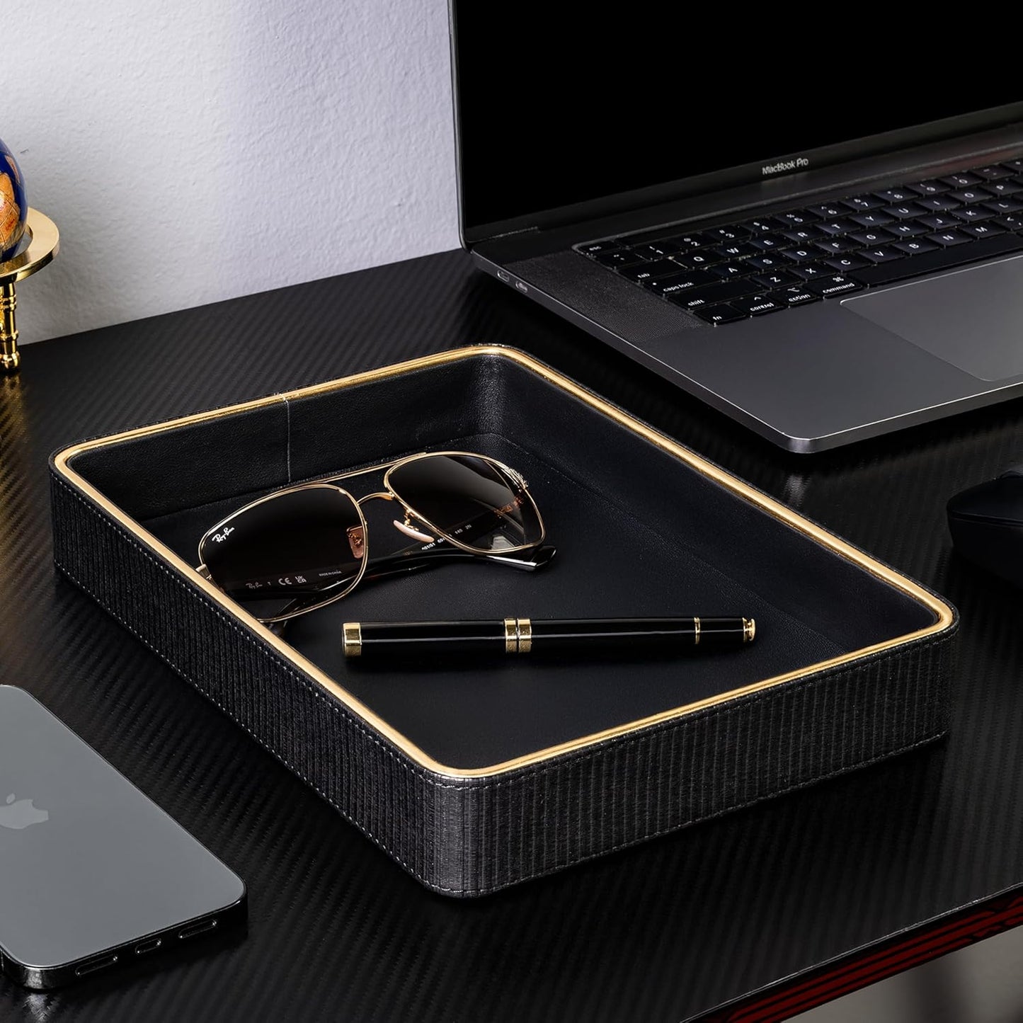 Leather Catchall Valet Tray for Men| Mens Valet Catch All Trays| Bedside Organizer for Nightstand| Cologne Tray for Men| Desk Trays Leather Tray Organizer (Black)