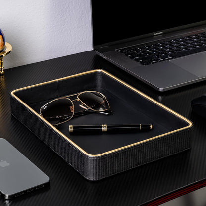 Leather Catchall Valet Tray for Men| Mens Valet Catch All Trays| Bedside Organizer for Nightstand| Cologne Tray for Men| Desk Trays Leather Tray Organizer (Black)