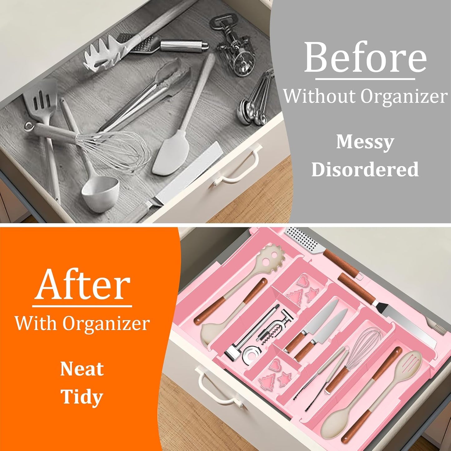 Spaclear Large Utensil Drawer Organizer Expandable Silverware Organizer for Kitchen Drawer Adjustable Cooking Utensil Holder Cutlery Flatware Tray Spatula Tools Gadgets Storage Dividers Plastic Black