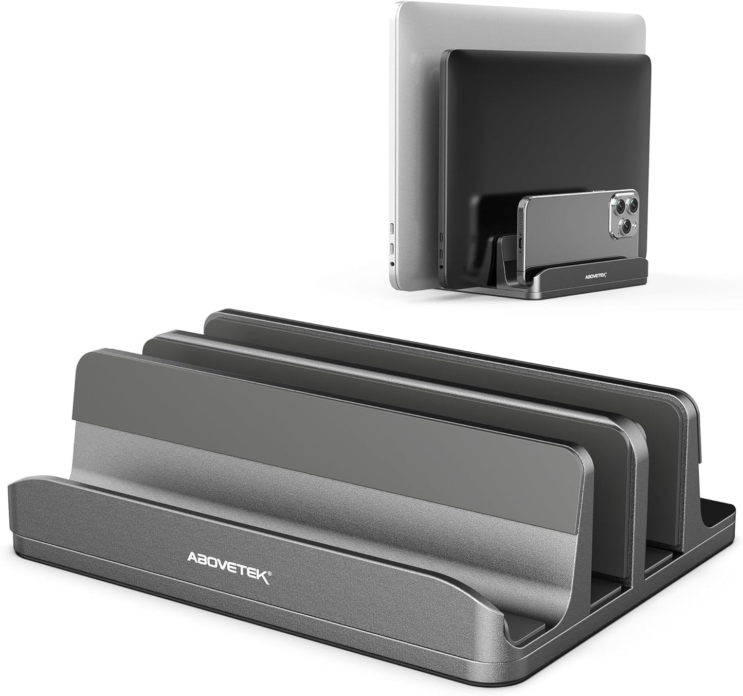 AboveTEK Vertical Laptop Stand, 3 Slots Aluminum Desk Laptop Holder & Laptop Docking Station Stand for MacBook, Tablet, Phone - Universal Fit (Up to 17.3") - Heavy Duty Polished, Anti Slide - Silver