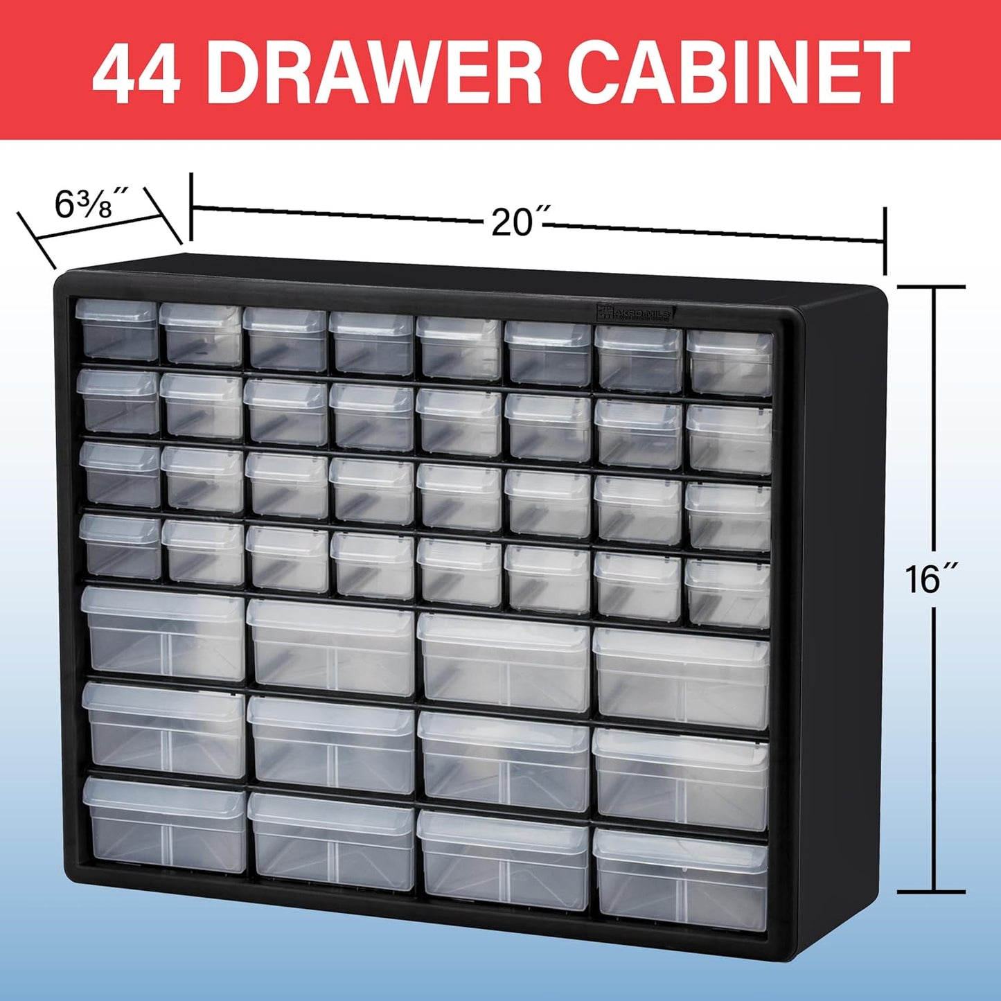 Akro-Mils 24-Drawer Plastic Drawer Storage Cabinet for Garage Organization, Bead Organizer, Building Bricks Storage, Teacher Toolbox, Makeup Organizer, 20" W x 6" D x 16" H, 10124 Black