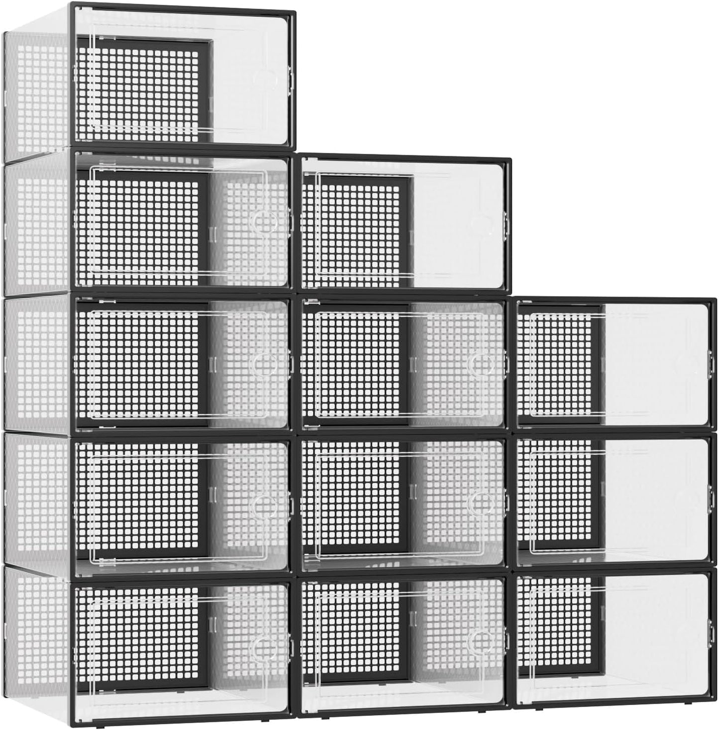 Kuject X-Large Shoe Storage Boxes Organizers Clear Plastic Stackable 12 Pack, Shoe Rack & Holder Substitute, Sneaker Containers, Toy Storage Organizer Bins for Entryway, Closet, Under Bed, Black