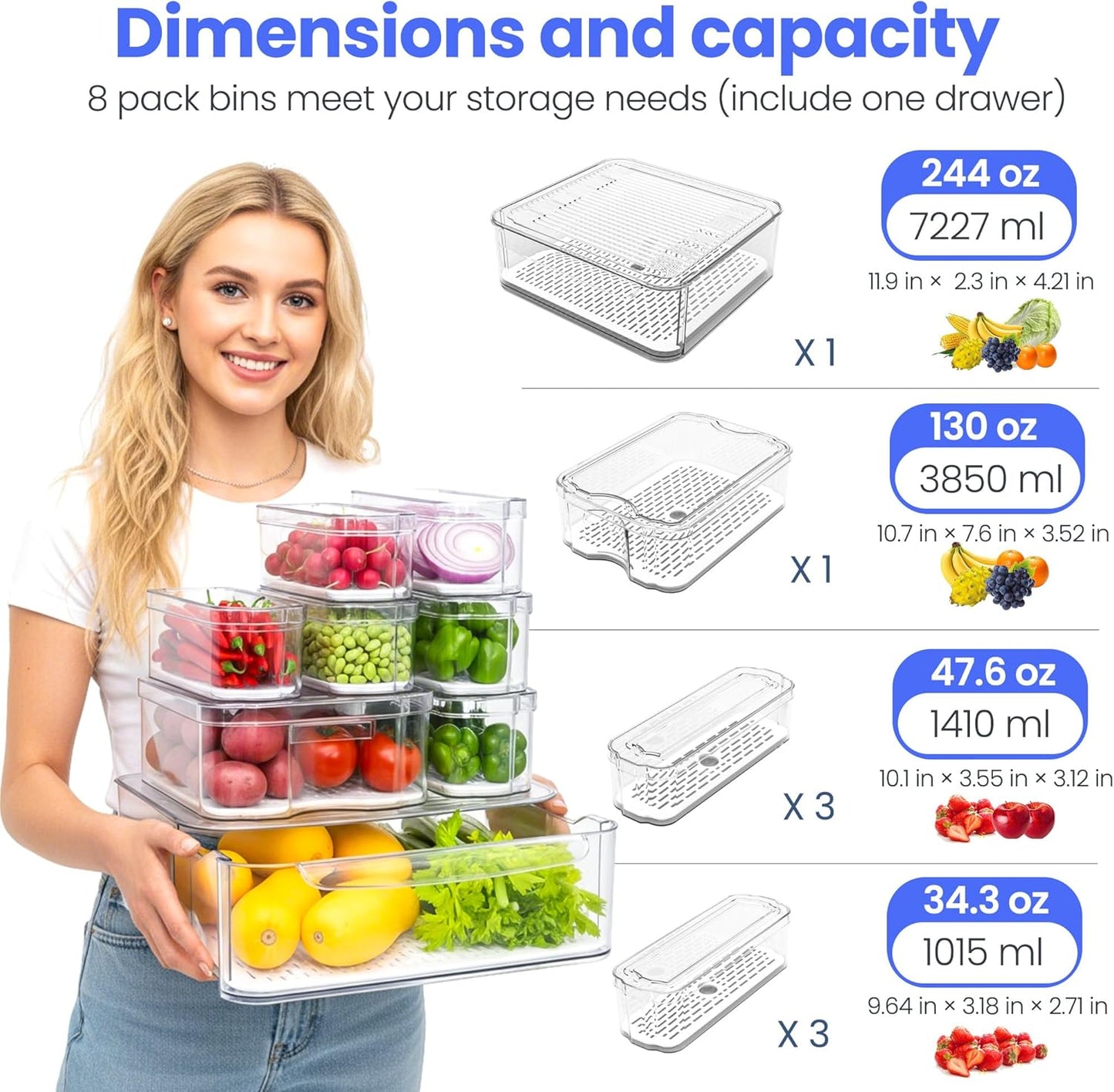 SMRCAD 8 Pack Refrigerator Organizers, Clear Pull-out Drawer Container and Organizer Bins with Lids, Stackable Storage Containers for Fruits, Vegetable (Set of 8 (Include Pull Out Drawer))