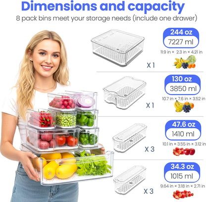 SMRCAD 8 Pack Refrigerator Organizers, Clear Pull-out Drawer Container and Organizer Bins with Lids, Stackable Storage Containers for Fruits, Vegetable (Set of 8 (Include Pull Out Drawer))