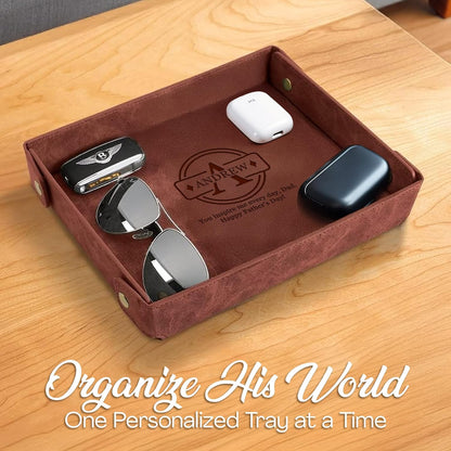 Engraved Leather Valet Tray for Men – Personalized Catchall with Custom Name for Desk, Dresser, Nightstand – Men's Organizer Tray for Keys, Wallet, Jewelry, Personalized Gift for Home, Office - Coffee