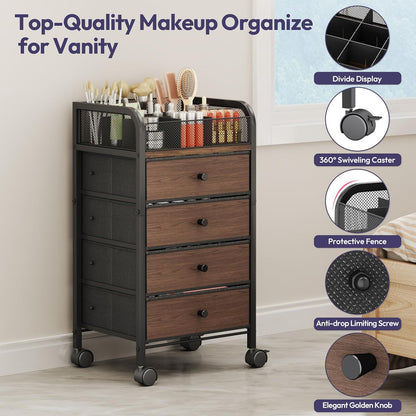 SWTYMIKI Rolling Makeup Organizer Cart - Under Desk Vanity Makeup Storage with 3 Non-woven Drawers, Nail Cart Organizer Cosmetic Display Cases Cabinet for Skin Care Perfume Nail Polish Brush Hair Tool