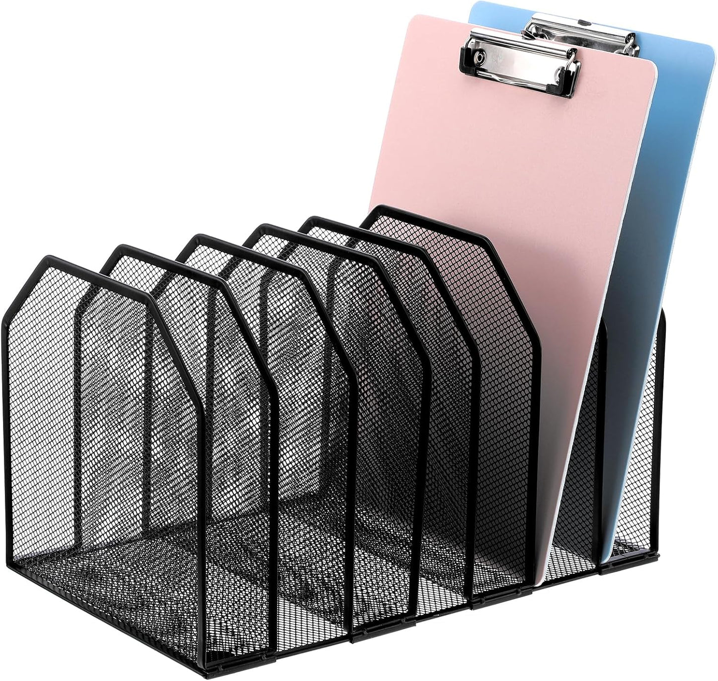 Metal Mesh File Organizer, Adjustable 7 Section Vertical Desk File Holder, Black Office Heavy-Duty Document Sorter for Books Binders, Laptops