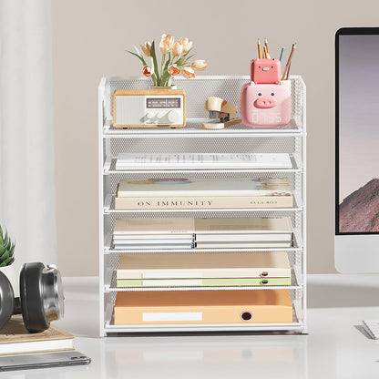 Subekyu 6 Tier Office File Paper Desk Tray Organizer with Handle, Stackable Slide Mesh Letter Tray Folder Blue Desk Organizer, Desktop Document Sorter for Classroom, Office, Home Supplies Storage