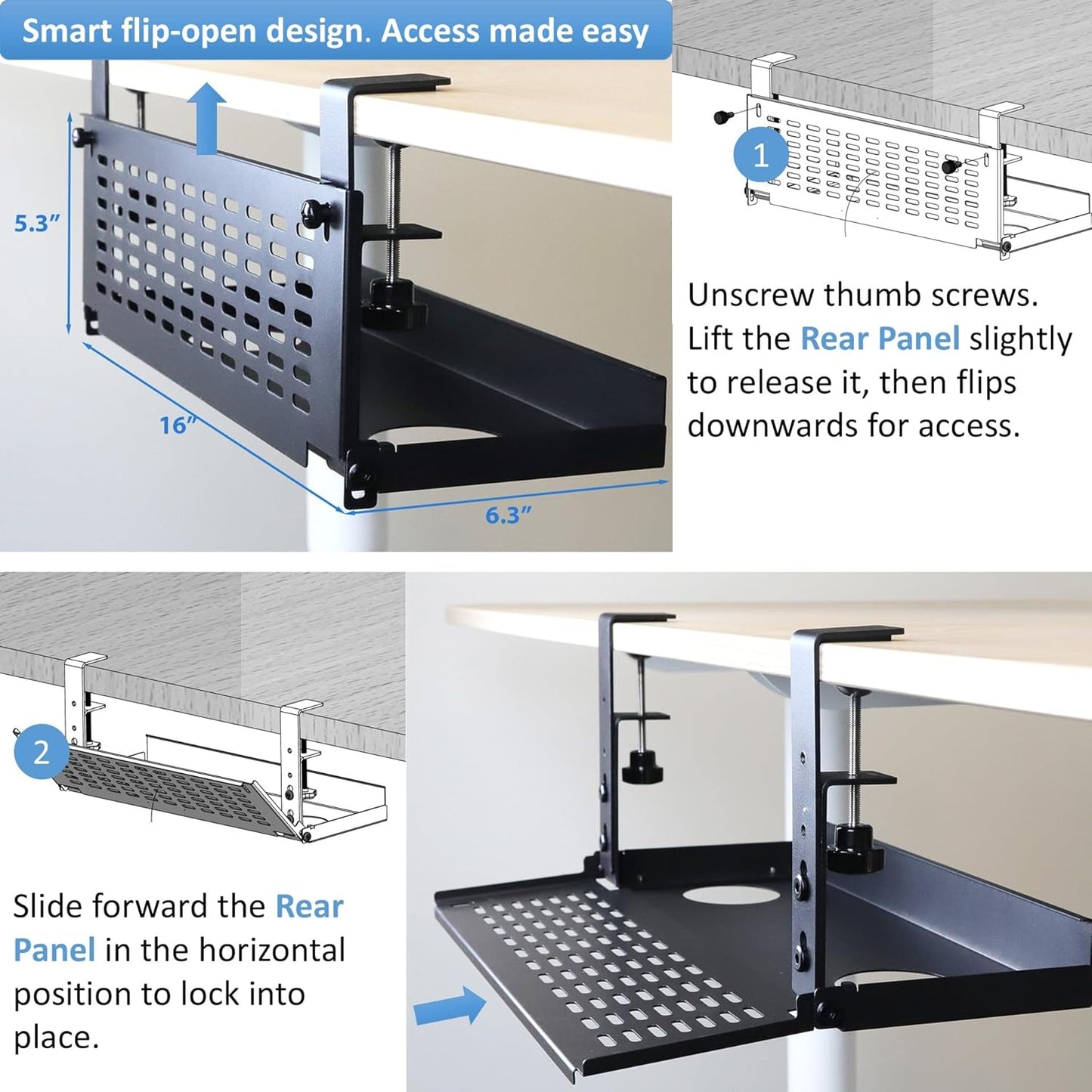 AEONS Under Desk Cable Management Tray Kit - Horizontal Adjustable up to 41” Removable C Clamp Mount Reversible Computer Cord Raceway and Modesty Panel for Large Table, Black