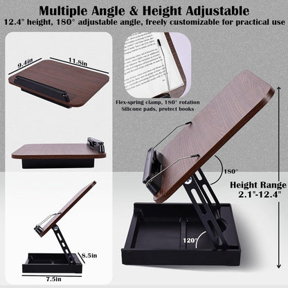 Wooden Book Stand for Reading with Storage Box Non-Slip Base, Adjustable Height & Angle, Foldable Desktop Riser with Page Clip, Hands Free Book Holder for Kitchen Counter, Cookbook, Recipe, Laptop