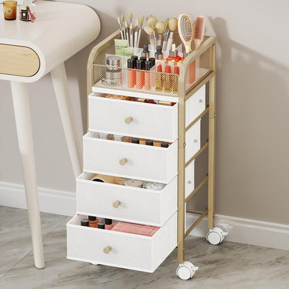 SWTYMIKI Rolling Makeup Organizer Cart - Under Desk Vanity Makeup Storage with 3 Non-woven Drawers, Nail Cart Organizer Cosmetic Display Cases Cabinet for Skin Care Perfume Nail Polish Brush Hair Tool