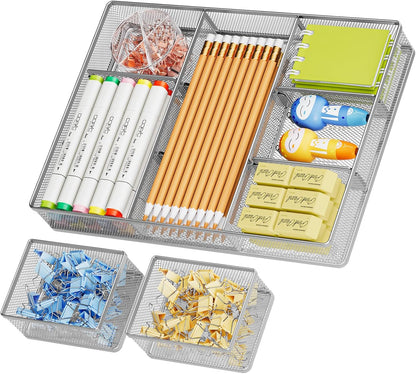 Marbrasse 3 Packs Desk Drawer Organizers, Metal Mesh Dividers Desk Drawer Organizer Tray with 9 Adjustable Compartments, Pen Organizer for Drawer Tray Box Accessories for Desktop,Kitchen, Makeup