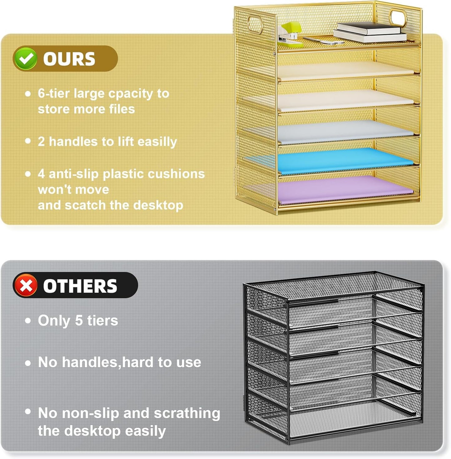 Marbrasse 6 Tier Paper Organizer Letter Tray - Mesh Desk File Organizer with Handle, Paper Sorter Organizer for Letter/A4 Office File Folder Holder - Black